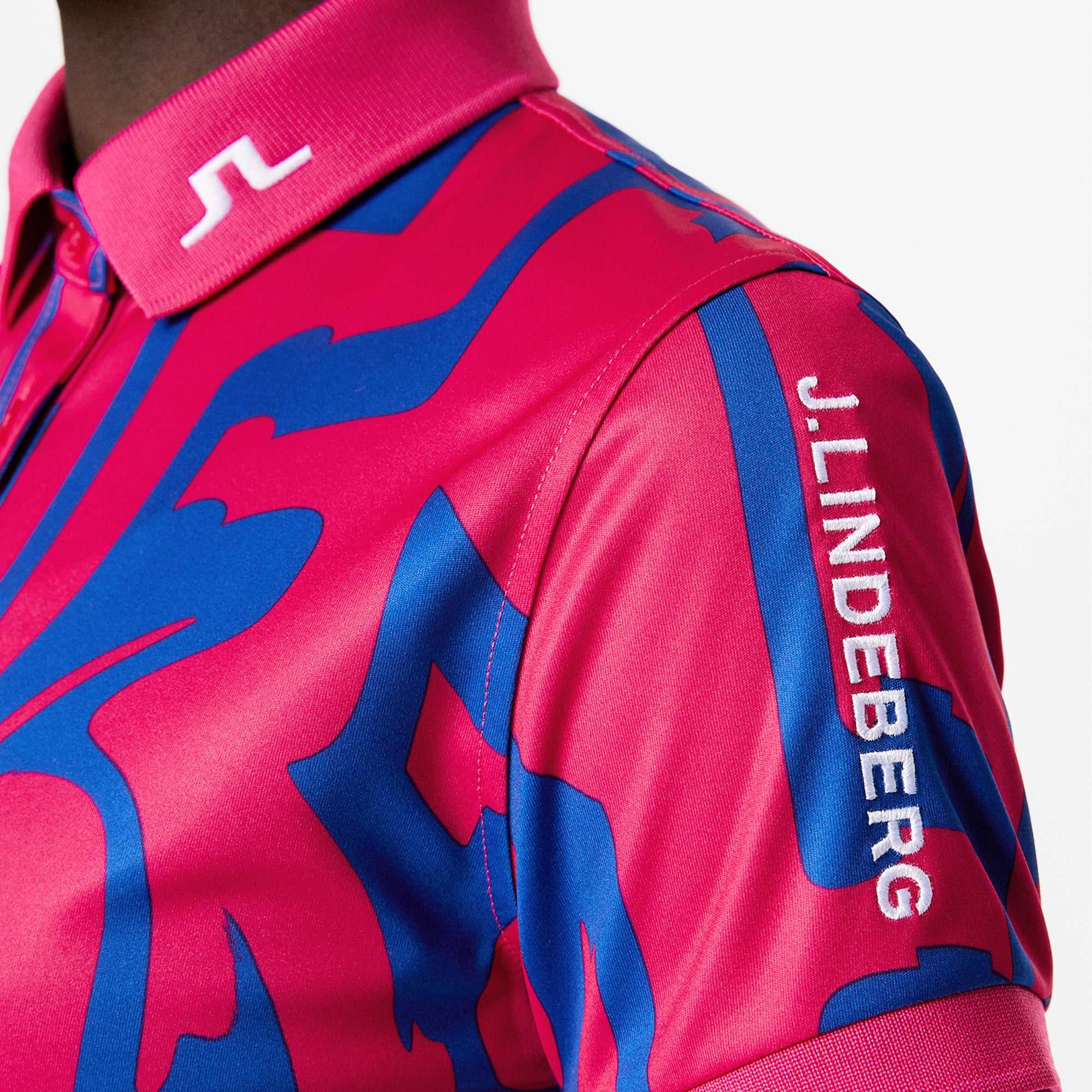 J Lindeberg Tour Tech Print Ladies Golf Polo Shirt Glitch Bridge Pink
